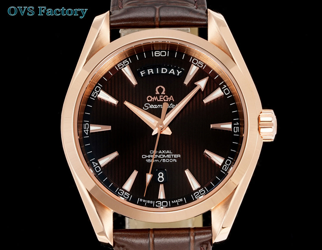 Rose-gold tone wristwatch with dark dial, brown leather strap, date window at 8.