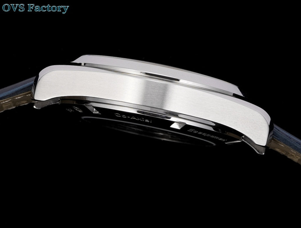 Stainless steel wristwatch case profile with dark leather strap