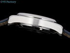 Stainless steel wristwatch case profile with dark leather strap