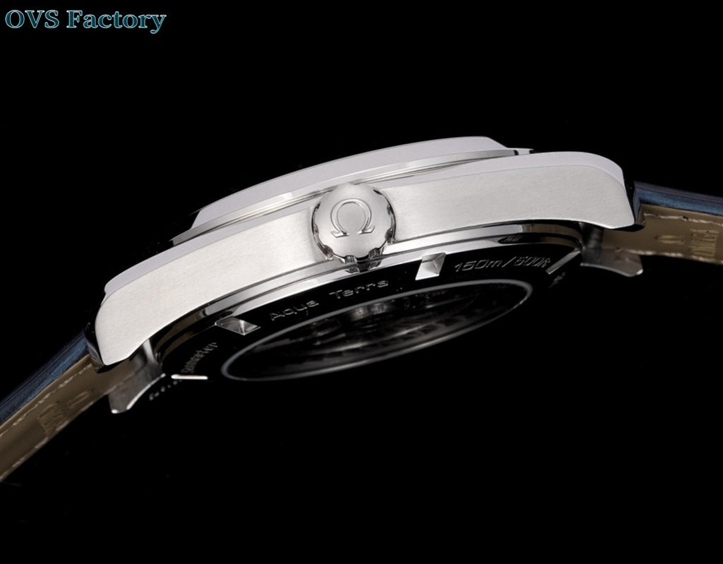 Stainless steel wristwatch side profile with crown and dark leather strap
