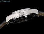 Stainless steel wristwatch side profile with crown and dark leather strap