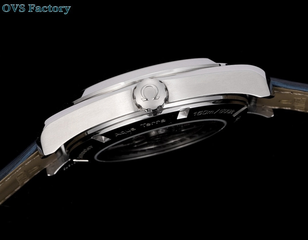 Stainless steel wristwatch side profile with crown and dark leather strap