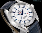 Stainless steel wristwatch close-up with white dial, blue hands, and dark leather strap