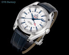 Stainless steel wristwatch three-quarter view with white dial, blue hands, and leather strap