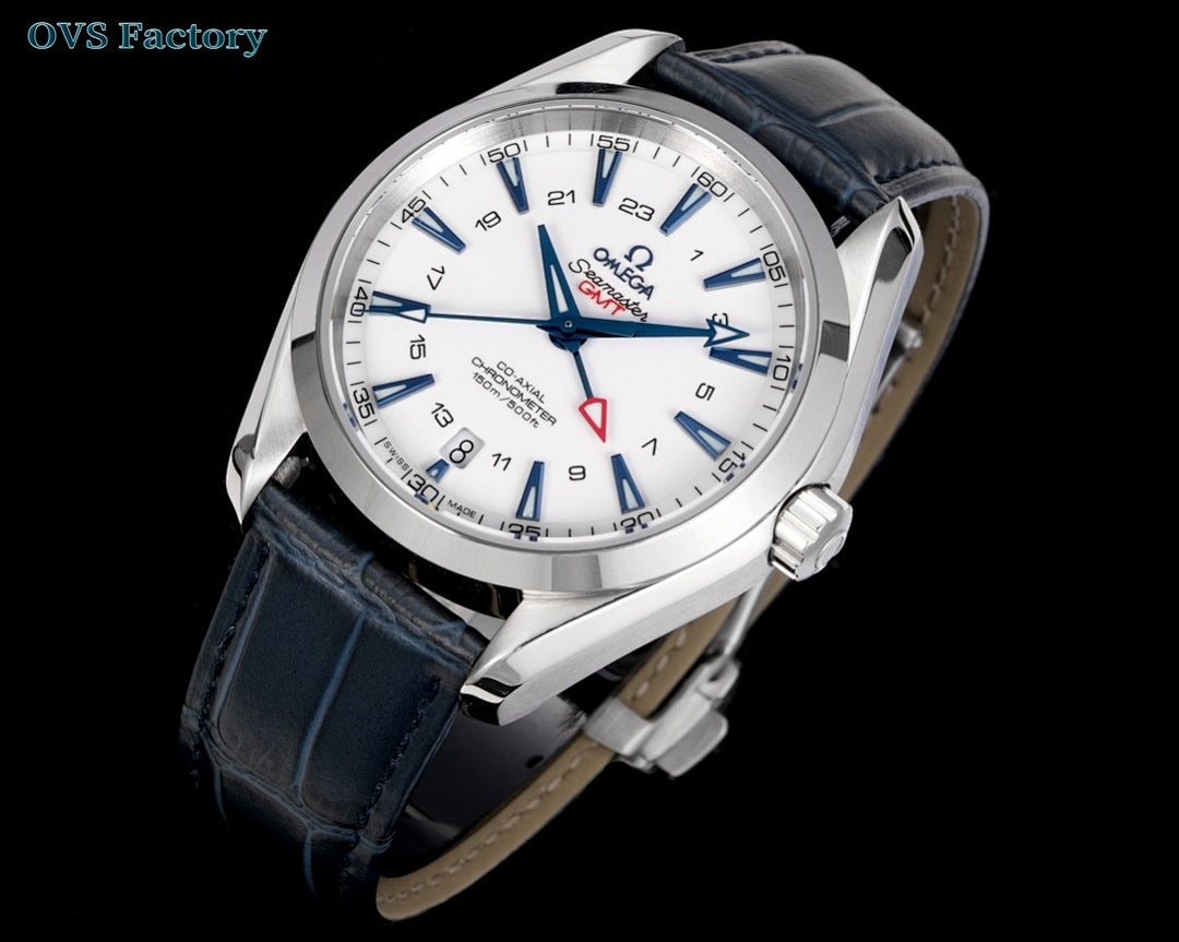 Stainless steel wristwatch three-quarter view with white dial, blue hands, and leather strap