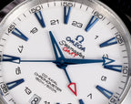 Wristwatch dial close-up with Omega Seamaster text and blue hour markers