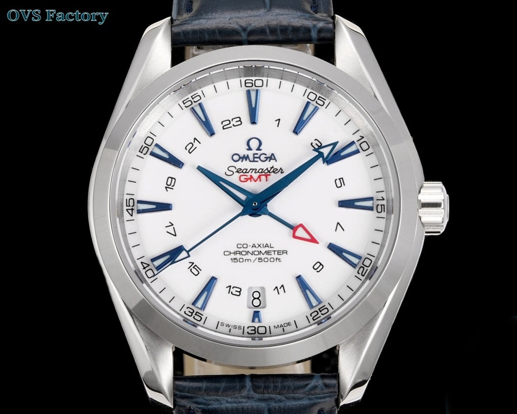 Stainless steel wristwatch front view with white dial, blue hands, and dark leather strap