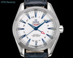 Stainless steel wristwatch front view with white dial, blue hands, and dark leather strap