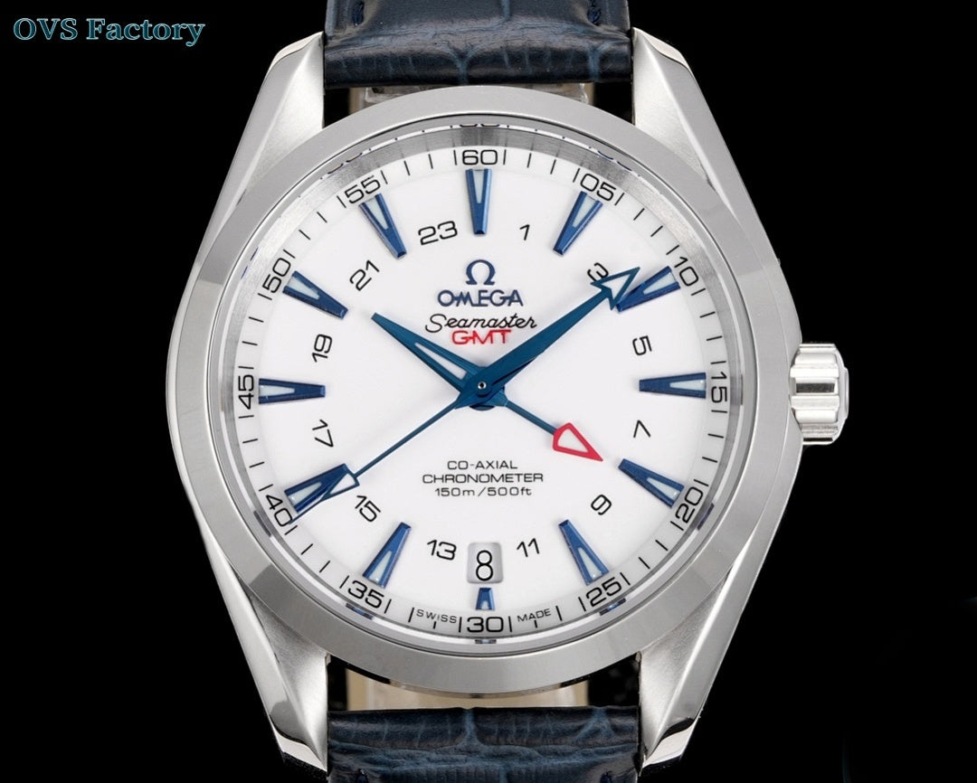 Stainless steel wristwatch front view with white dial, blue hands, and dark leather strap