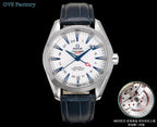 Stainless steel wristwatch front view with white dial, blue hands, and movement inset