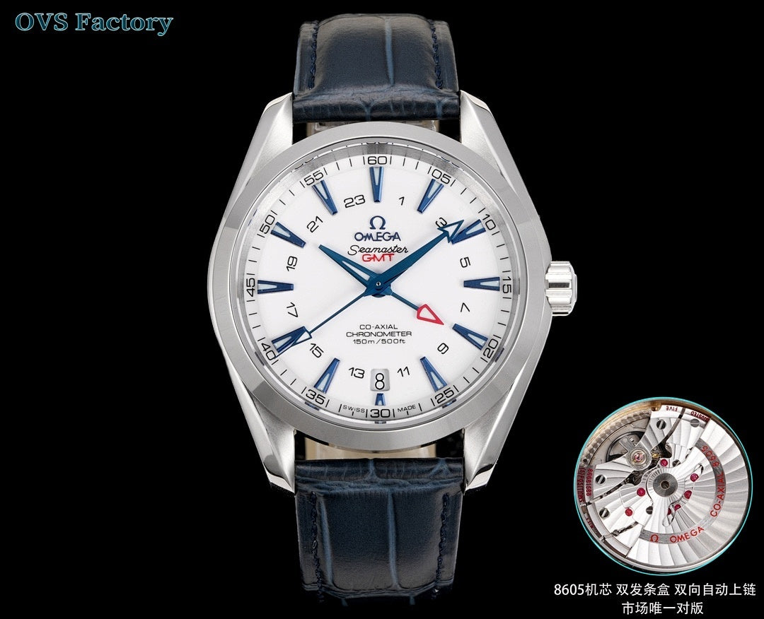 Stainless steel wristwatch front view with white dial, blue hands, and movement inset