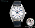 Stainless steel wristwatch with white dial, blue hands, and dark leather strap