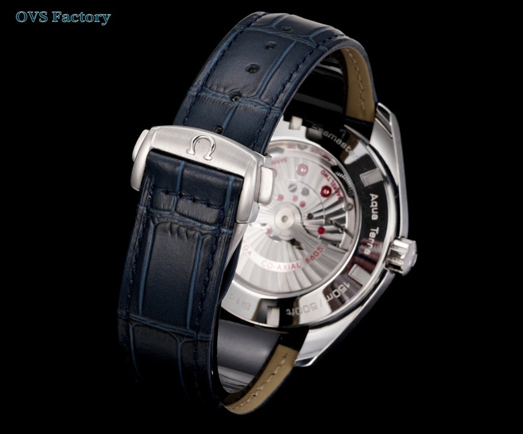 Stainless steel wristwatch side view with dark leather strap and visible dial movement