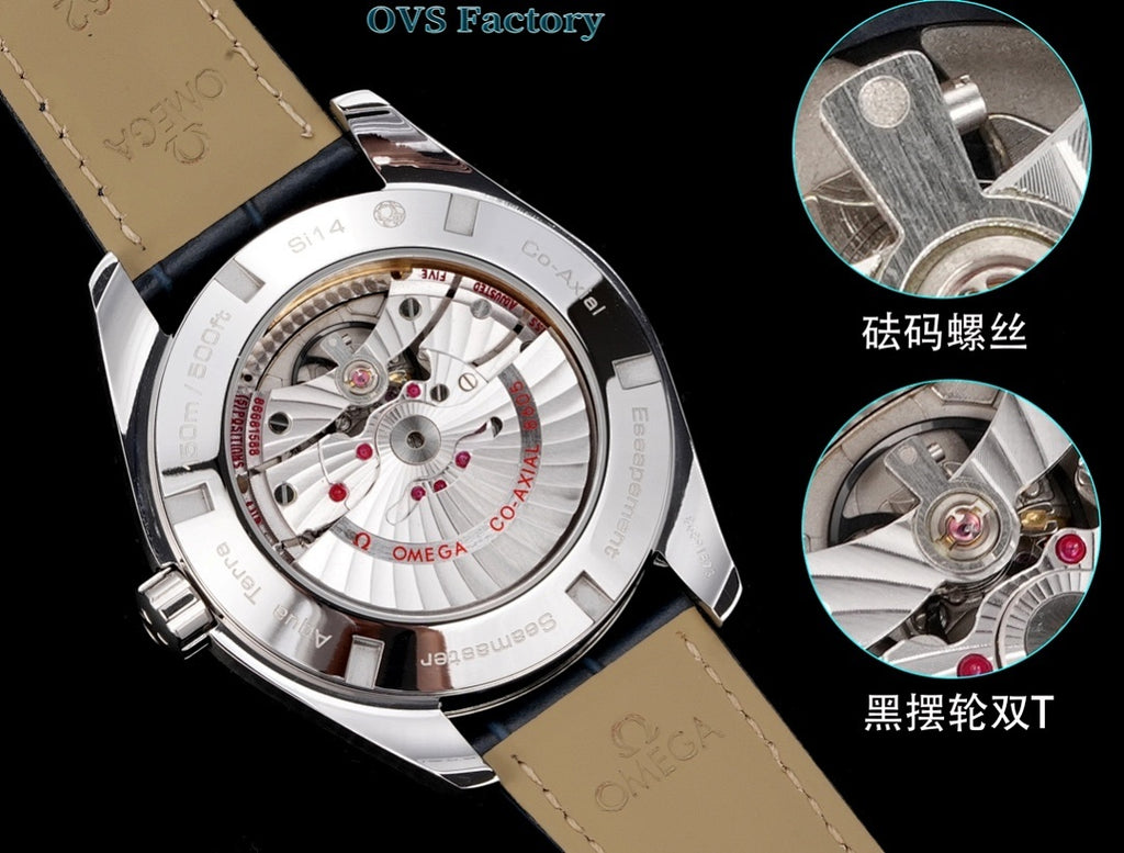 Stainless steel wristwatch with tan leather strap, white dial, and exposed movement details
