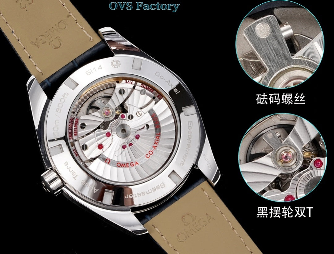 Stainless steel wristwatch with tan leather strap, white dial, and exposed movement details