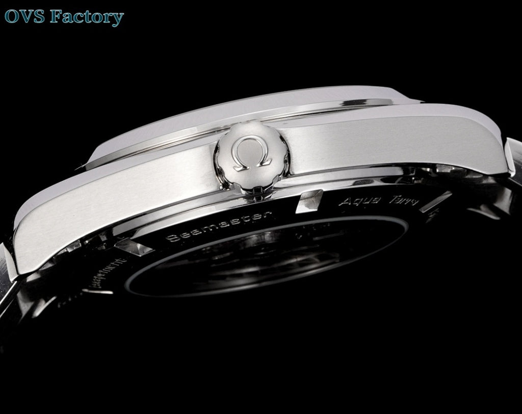 Stainless steel wristwatch crown and case profile with dark gasket detail