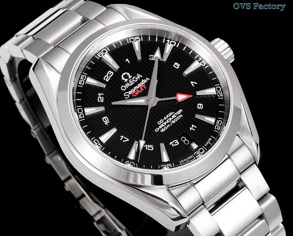 Stainless steel wristwatch front view with black dial, red seconds hand, and silver hour markers