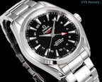 Stainless steel wristwatch front view with black dial, red seconds hand, and silver hour markers
