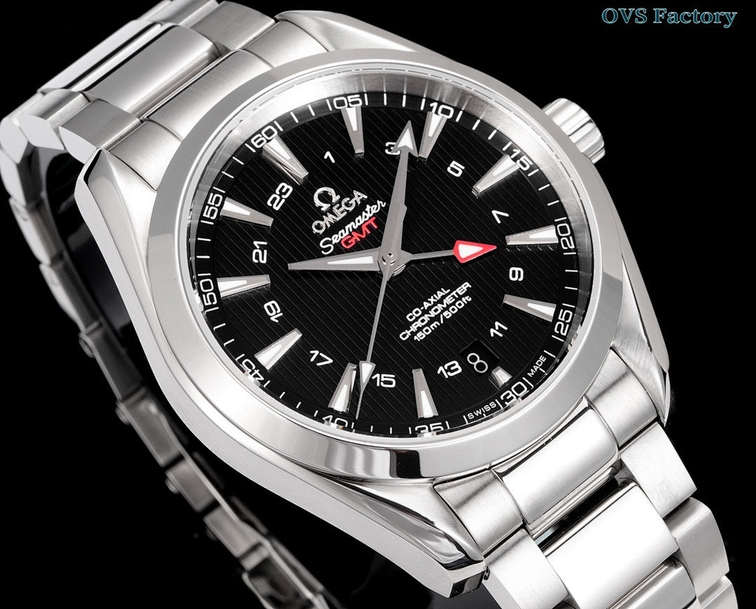 Stainless steel wristwatch front view with black dial, red seconds hand, and silver hour markers