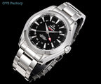 Stainless steel wristwatch angled front view with black dial and metal link bracelet