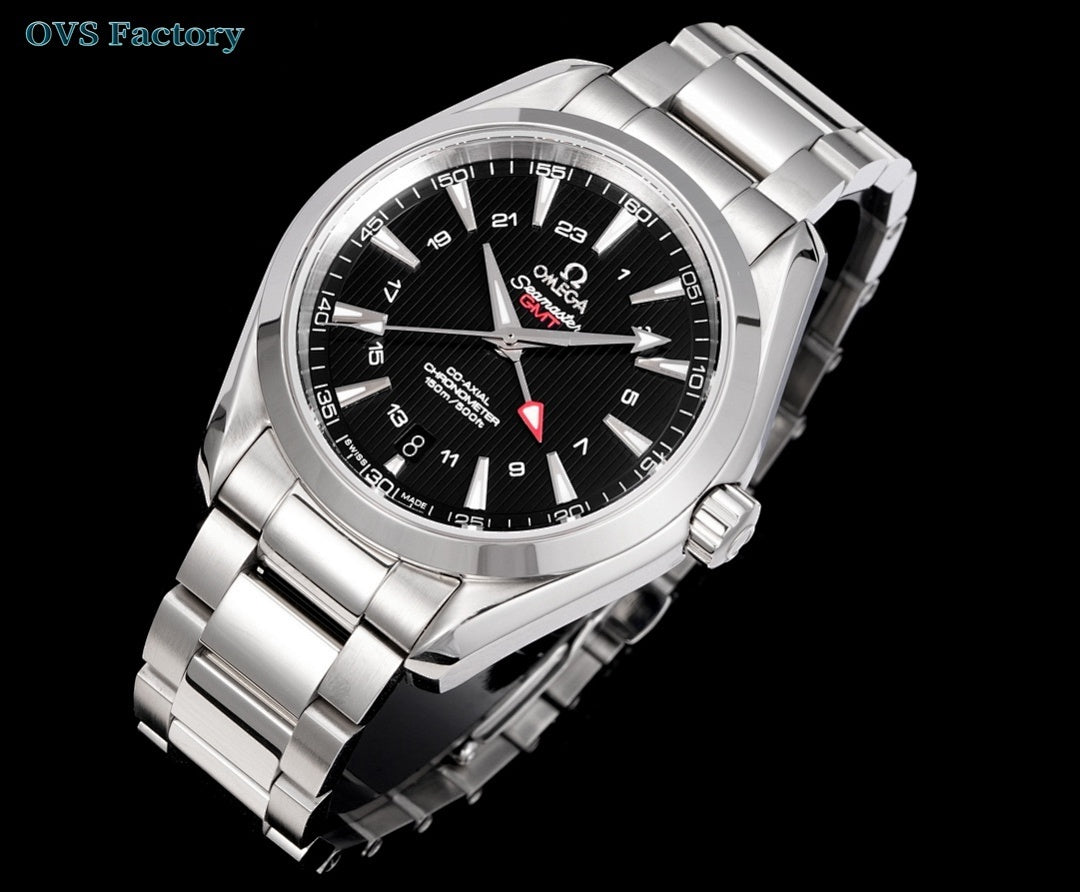 Stainless steel wristwatch angled front view with black dial and metal link bracelet