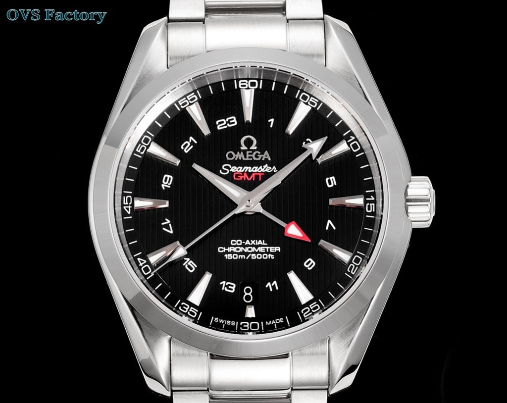 Stainless steel wristwatch front view with black dial, red seconds hand, and numbered bezel
