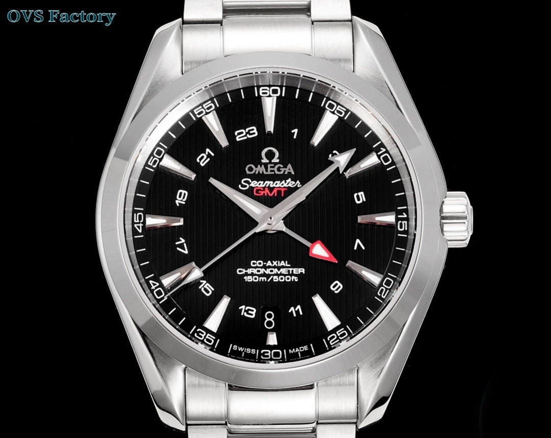 Stainless steel wristwatch front view with black dial, red seconds hand, and numbered bezel