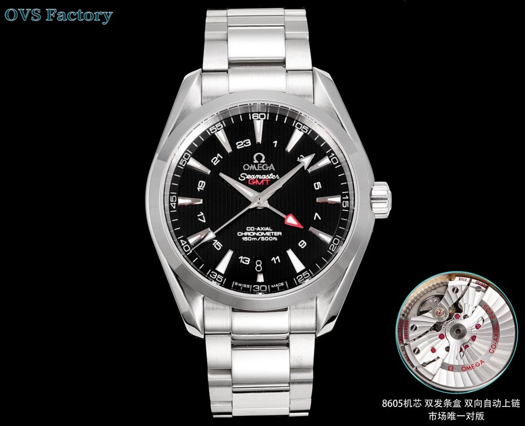Stainless steel wristwatch front view with black dial, red triangular seconds hand, and metal bracelet