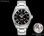 Stainless steel wristwatch front view with black dial, red triangular seconds hand, and metal bracelet