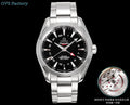 Stainless steel wristwatch with black dial, red triangular seconds hand, and metal bracelet