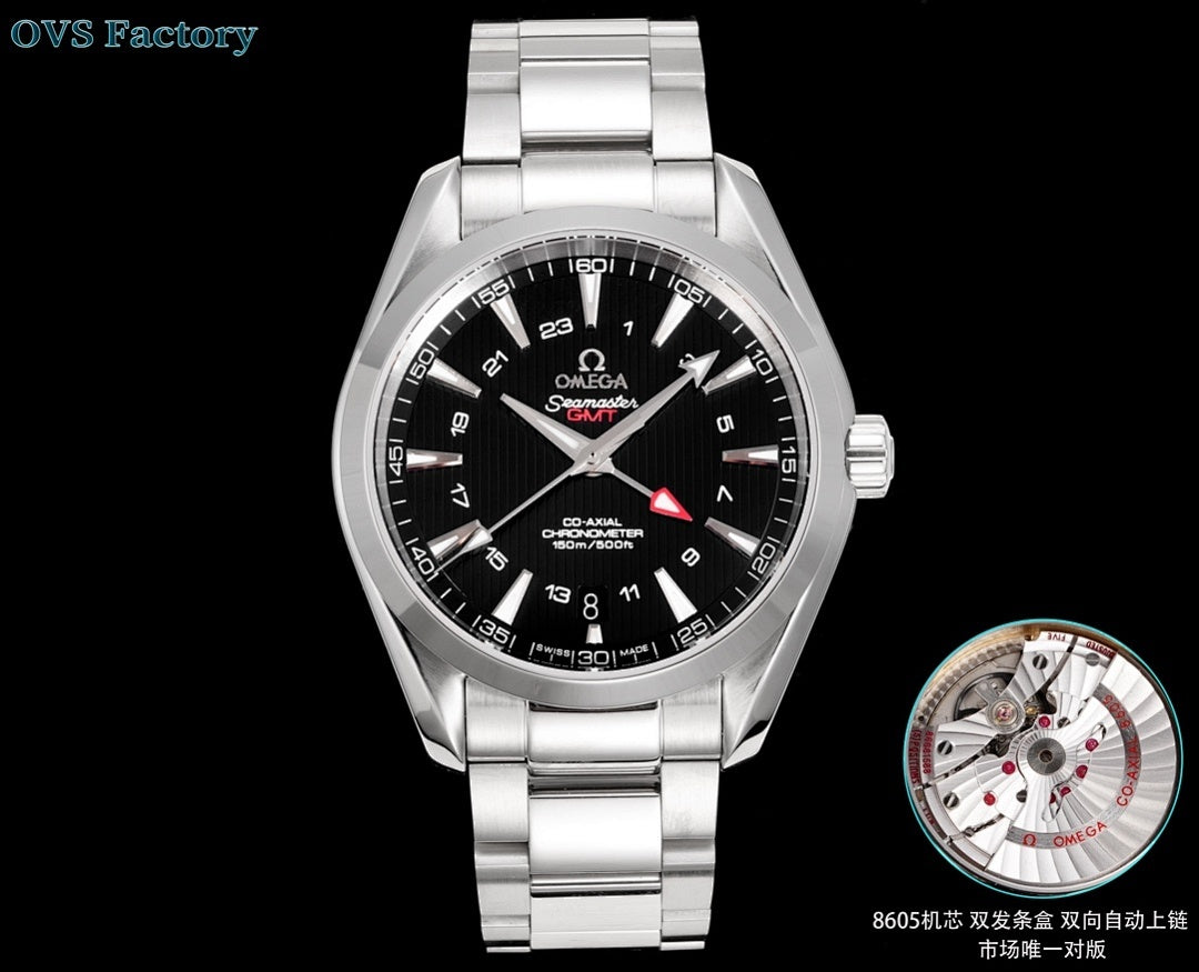 Stainless steel wristwatch with black dial, red triangular seconds hand, and metal bracelet