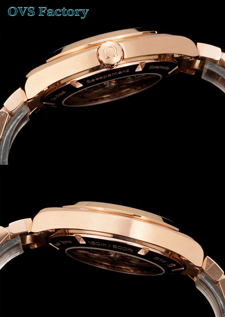 Rose gold wristwatch side profile with crown and metal link bracelet
