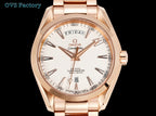 Rose gold wristwatch with white dial, metal link bracelet, and date window at 8
