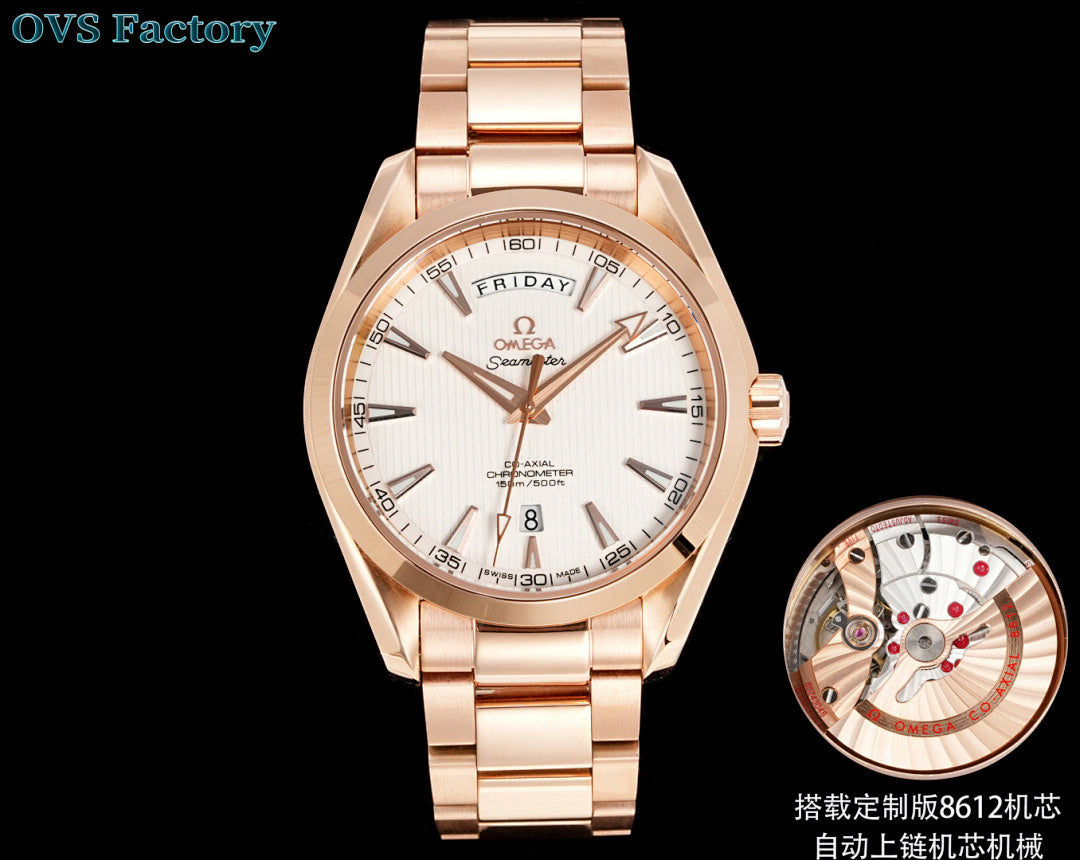 Rose gold wristwatch with white dial and metal link bracelet, plus inset movement view