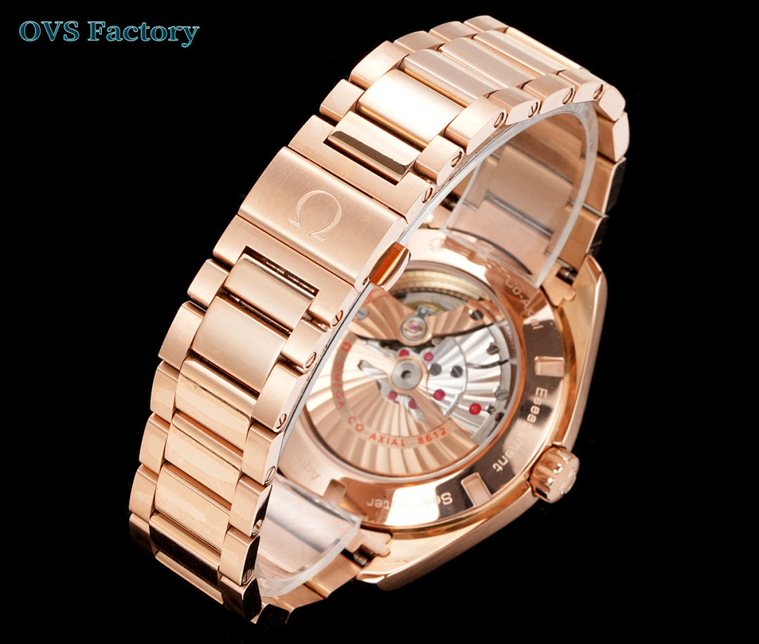 Rose gold wristwatch with see-through caseback showing mechanical movement and metal link bracelet