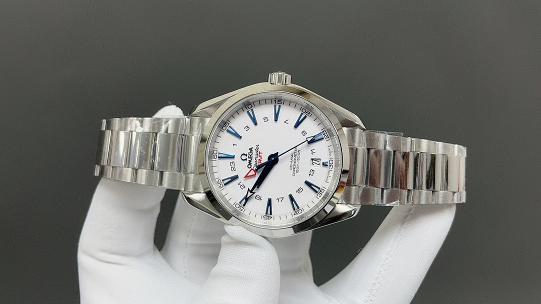 Omega watch front view with silver bracelet, white dial, blue markers, and crown