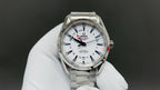 Omega watch front view with silver metal bracelet and white dial, blue hands