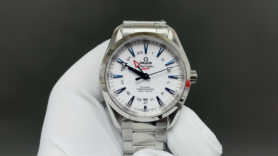 Omega watch front view with silver metal bracelet and white dial, blue hands