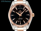 Rose-gold bezel wristwatch with black dial, baton markers, and metal link bracelet.
