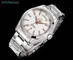 Polished steel wristwatch with white dial, baton markers, and metal link bracelet.