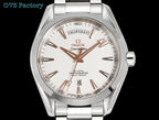 Stainless steel wristwatch with white dial, day/date window, and metal link bracelet.