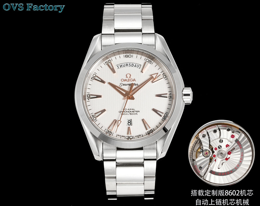 Silver-toned wristwatch with champagne dial, rose-gold hands, and link bracelet.