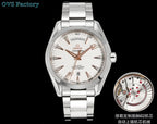 Stainless steel wristwatch with champagne dial, rose-gold hands, and link bracelet.