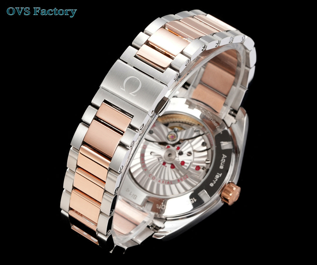 Two-tone wristwatch with rose-gold bezel, see-through caseback, and metal link bracelet.