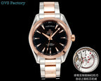 Two-tone wristwatch with dark dial, rose-gold bezel, and polished metal link bracelet.