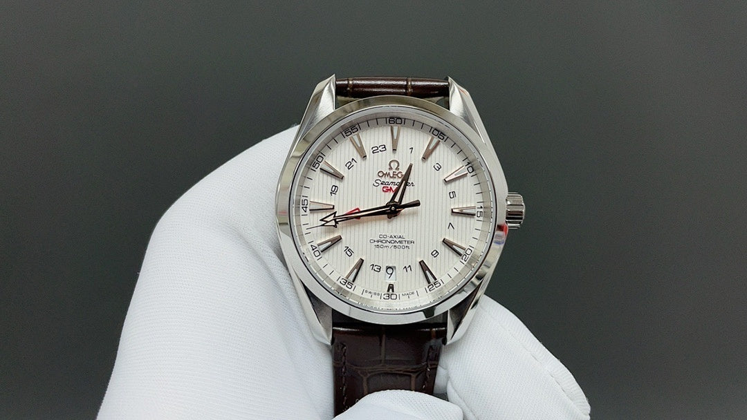 Omega watch front with white dial, markers, and brown leather strap