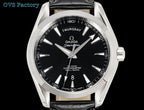 Stainless automatic wristwatch with black dial and dark leather strap, day text at top.