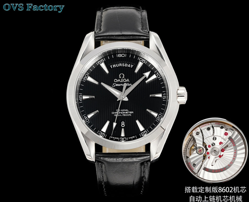 Stainless wristwatch with black dial and dark leather strap, plus visible balance-wheel inset.