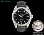 Stainless wristwatch with black dial and dark leather strap, plus visible balance-wheel inset.