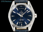 Stainless automatic wristwatch with blue dial and dark leather strap, day-date window.